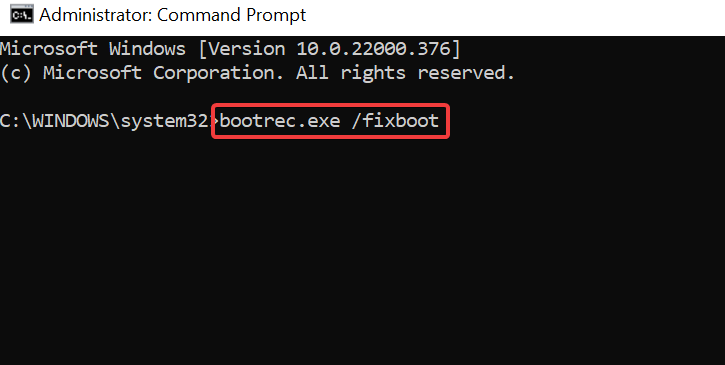 Esecuzione bootrec /fixboot
