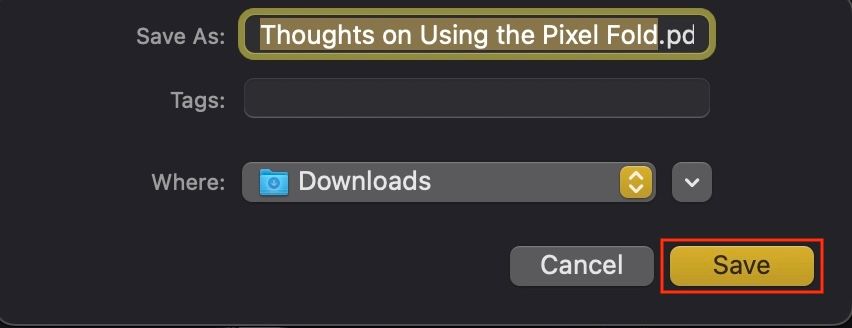 Добавление имени и выбор расположения для экспорта заметки.