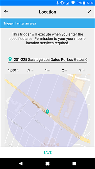 Ввод адреса и радиуса зоны активации