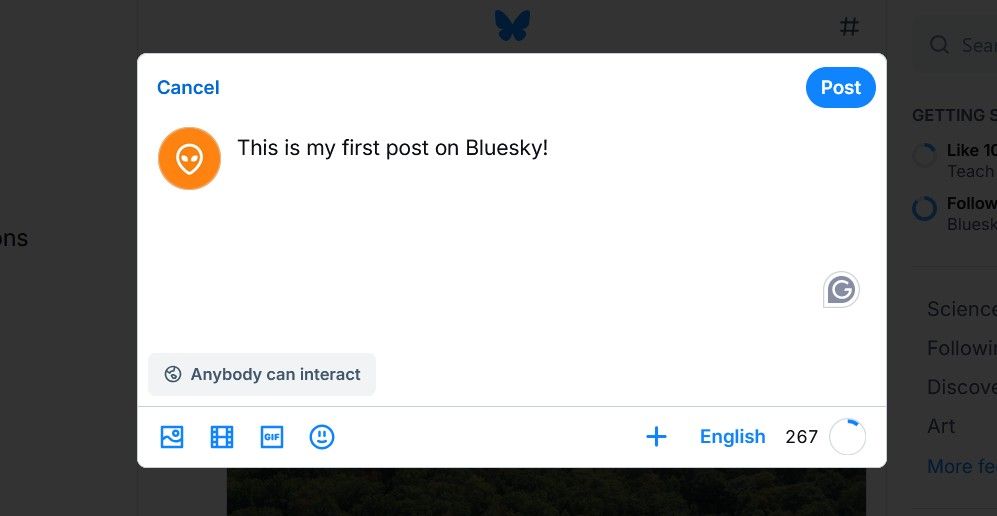 Окно ввода текста для нового поста в Bluesky.