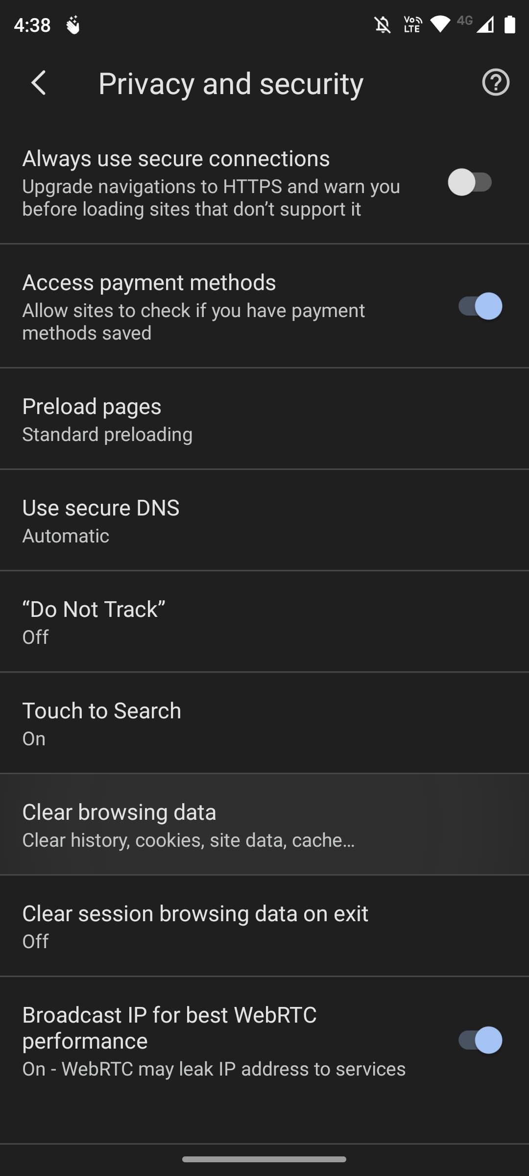 Экран конфиденциальности и безопасности в Vivaldi