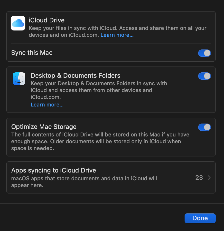 Скриншот настроек iCloud Drive в macOS.