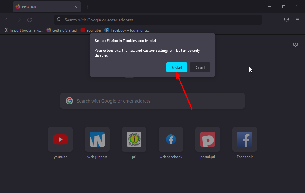 Кнопка перезапуска Firefox