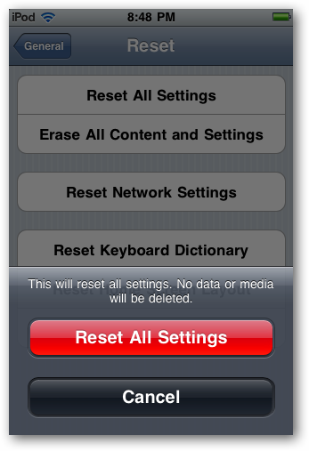 Подтверждение сброса всех настроек iOS
