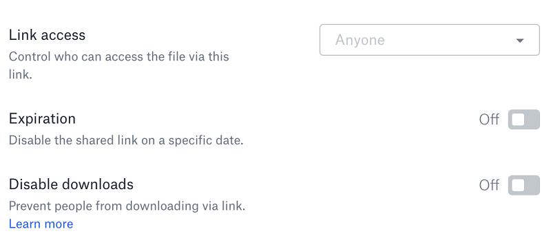 Отключить загрузку в настройках ссылки Dropbox