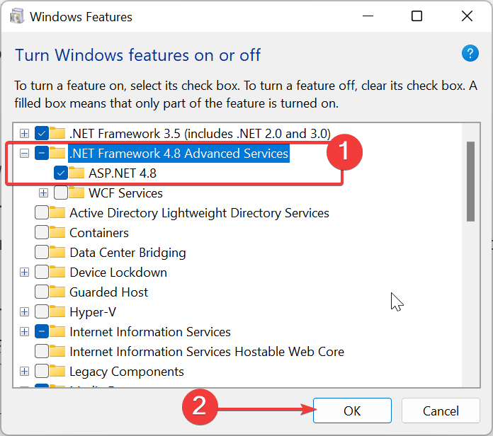 Включение .NET Framework 4.8 и ASP.NET