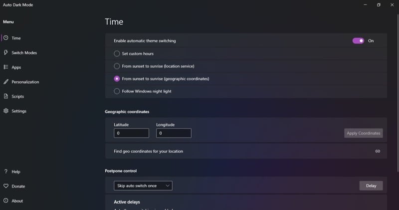 Ввод географических координат в Auto Dark Mode