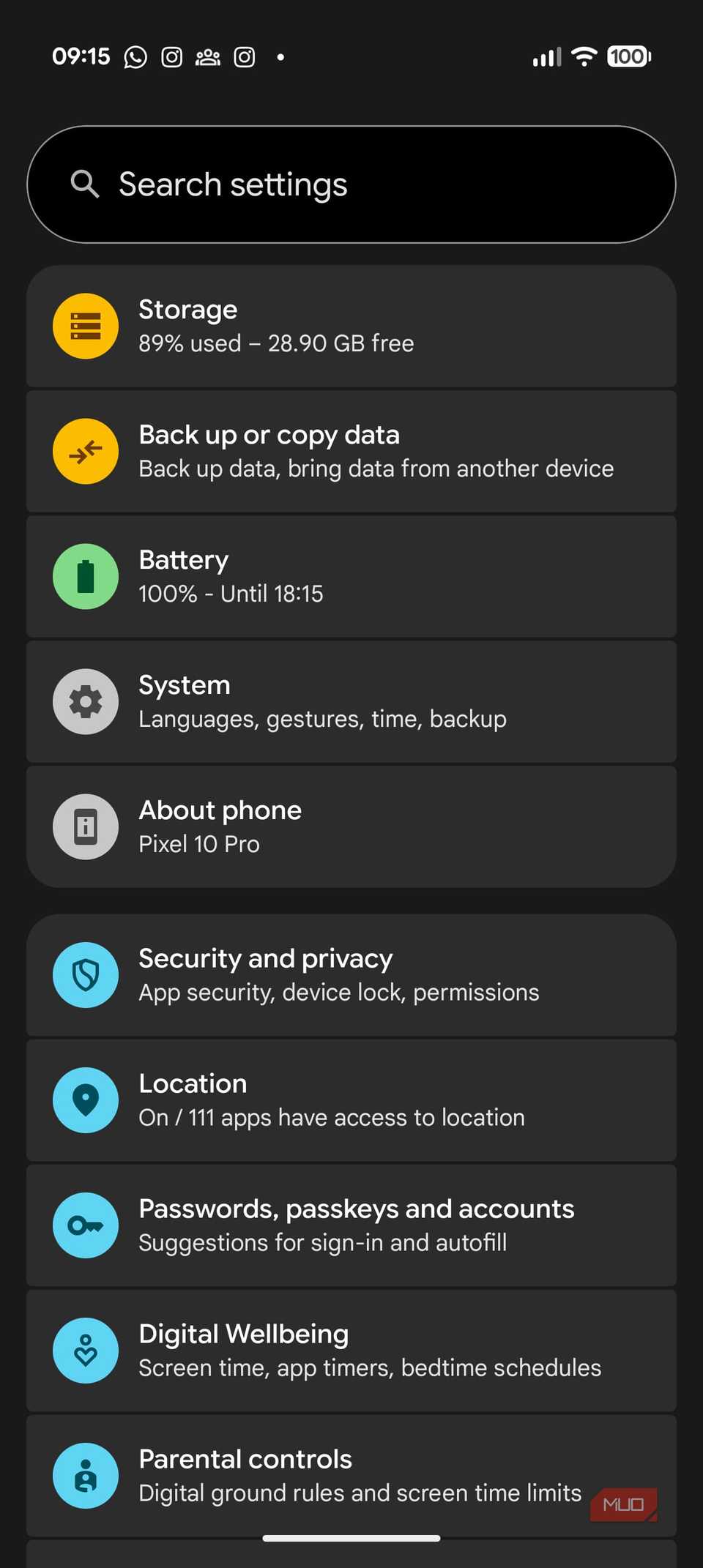 Экран Настроек на Google Pixel 10 Pro