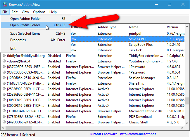 Выбор команды для открытия папки профиля