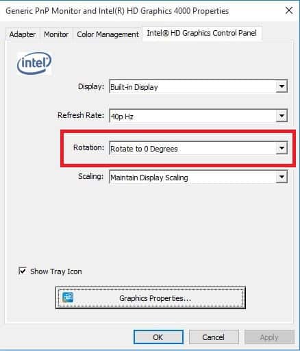 Параметры адаптера для поворота экрана