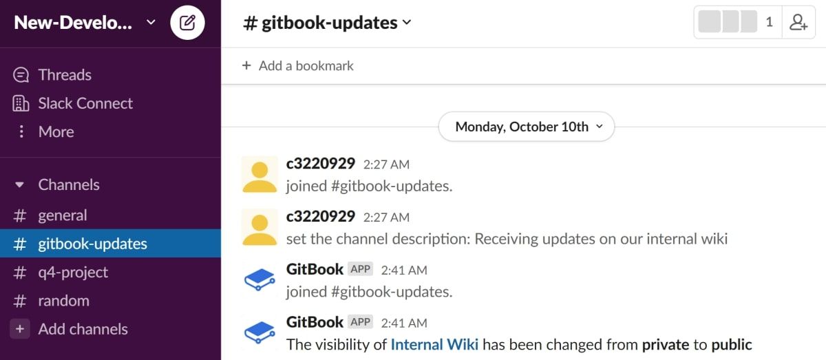 Уведомления GitBook появляются в канале Slack для обновлений