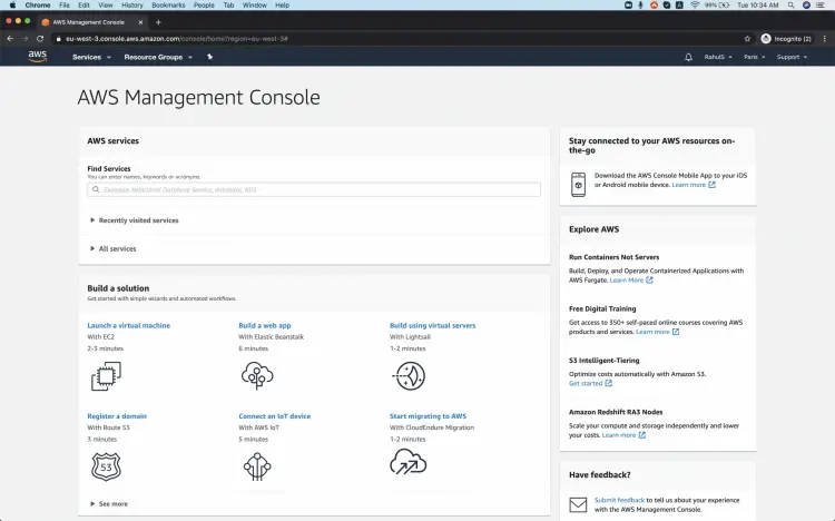 Консоль управления AWS — главный экран
