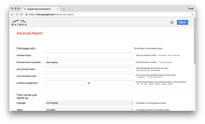 Форма расширенного поиска с полем для точной фразы, где введён термин Klein bottle