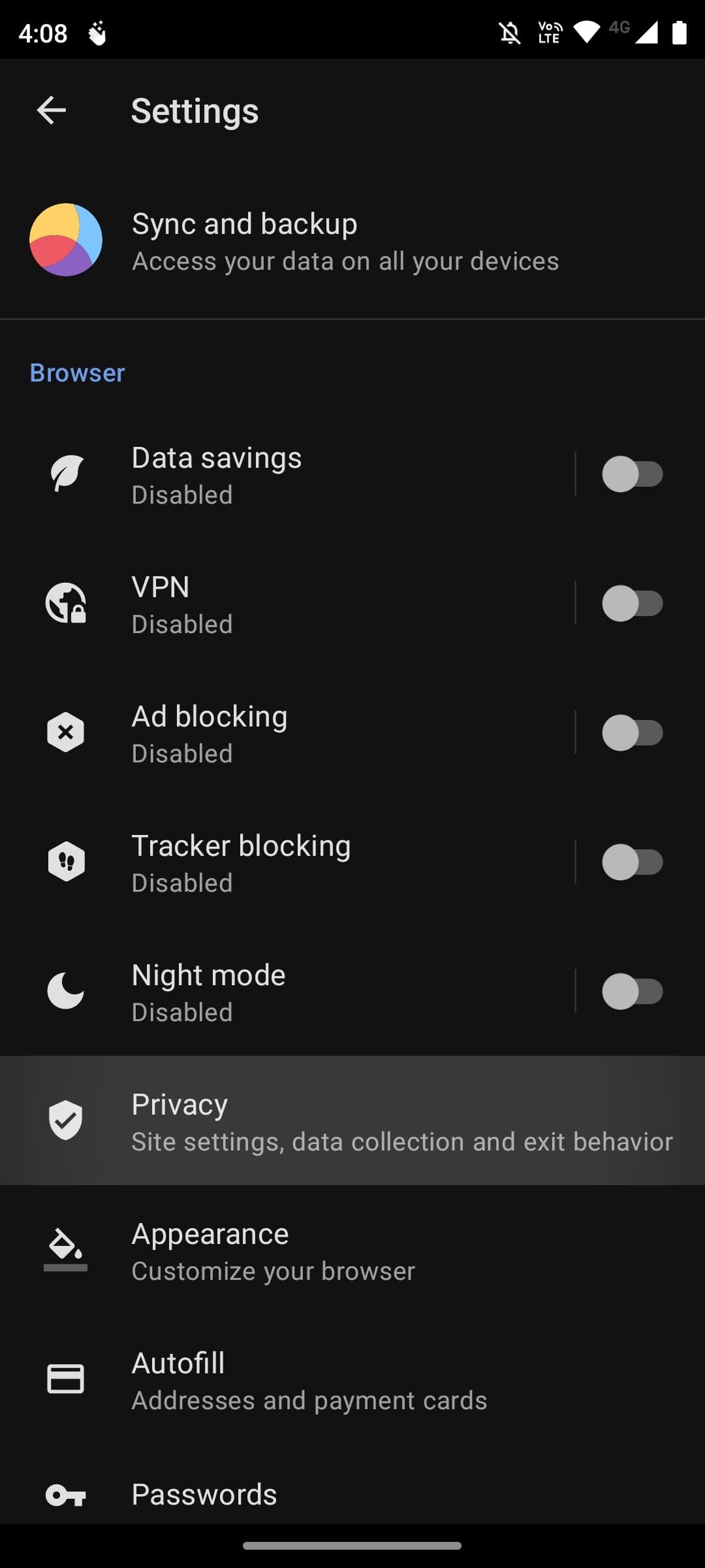 Меню настроек в браузере Opera