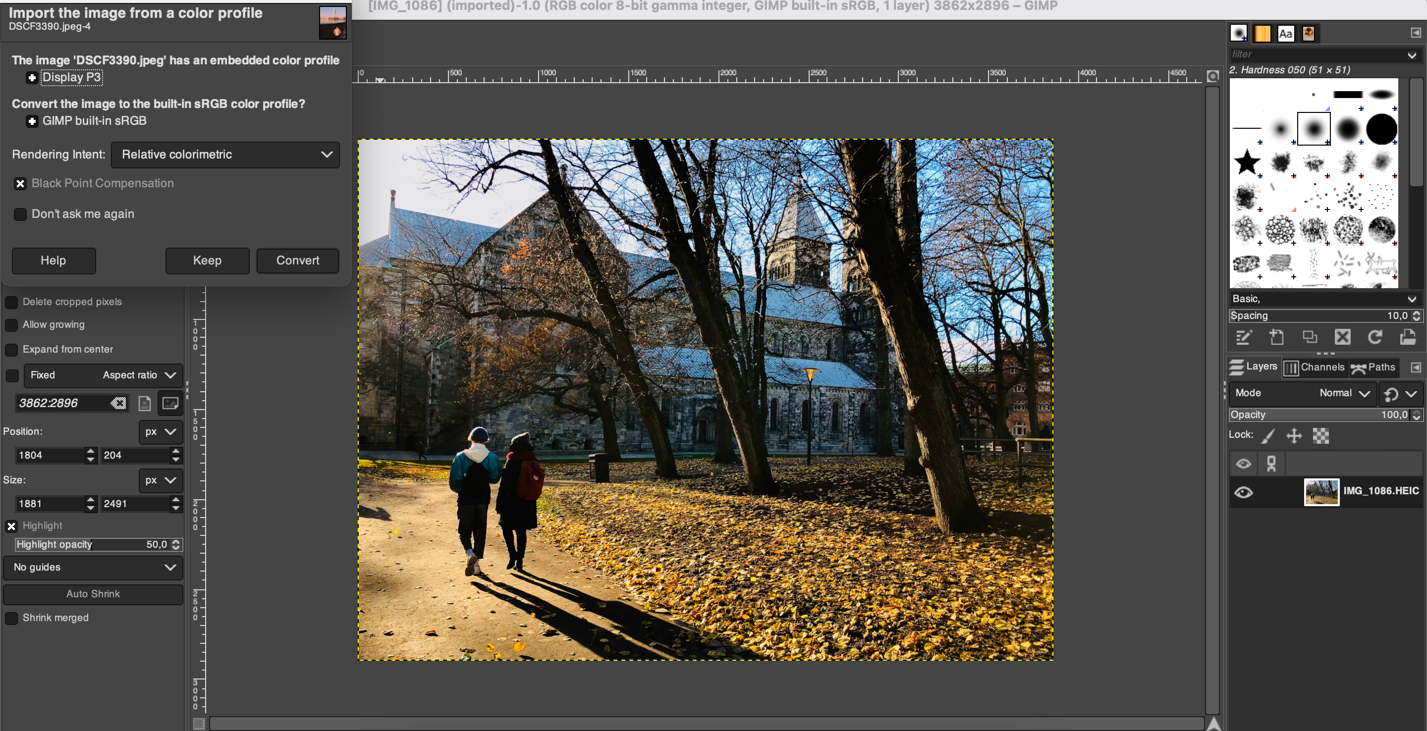 Добавление нового изображения в GIMP и подтверждение настроек