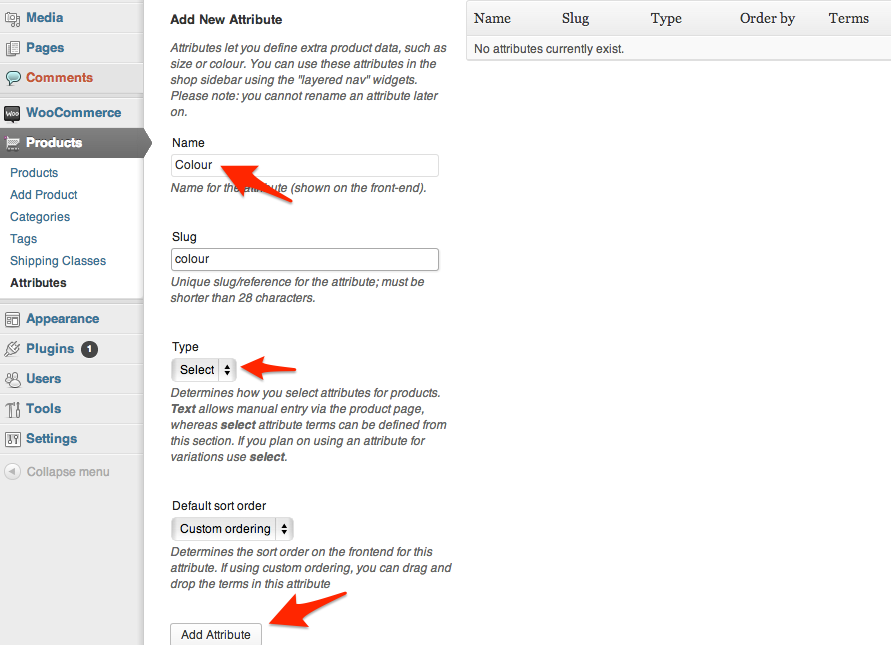 Экран создания атрибута color