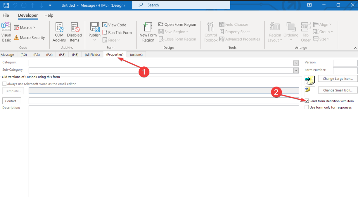 Включение отправки определения формы с сообщением
