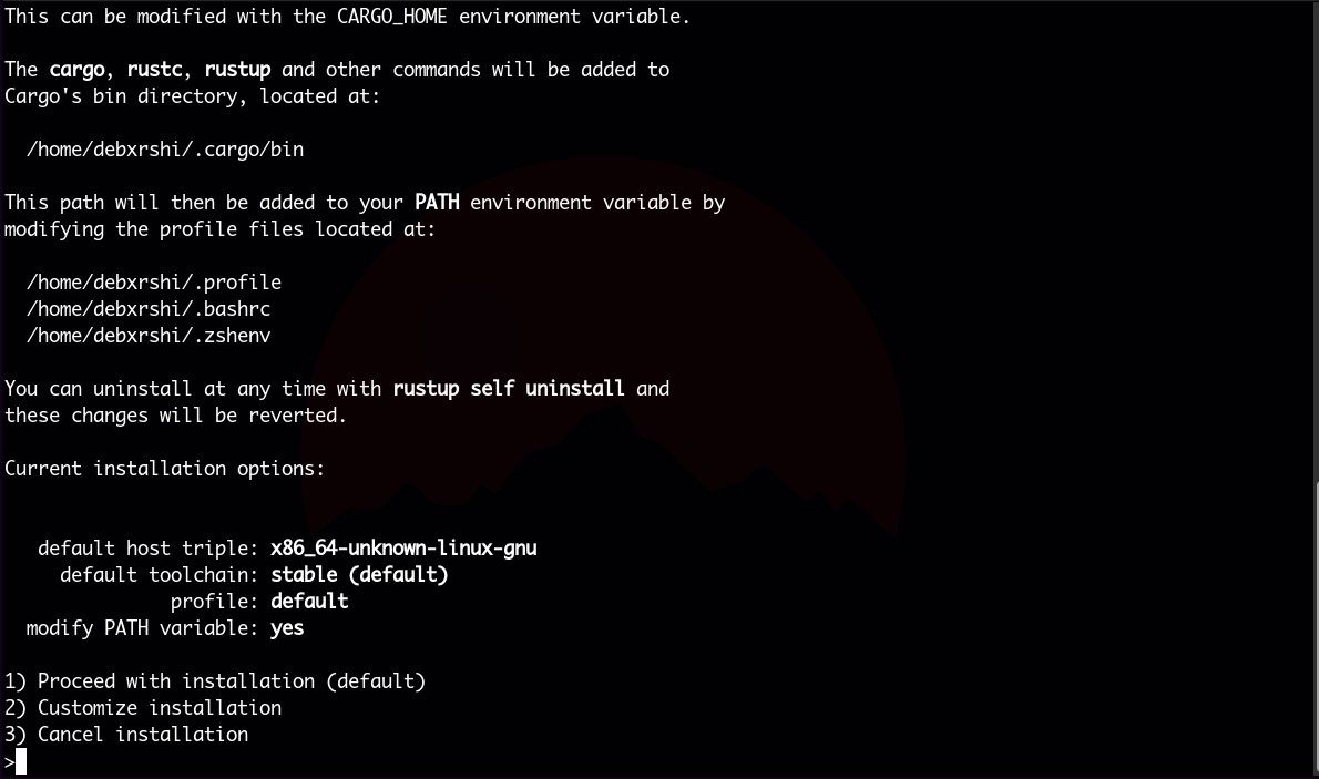 Установка Rust через официальный rustup — окно терминала с подсказкой установки