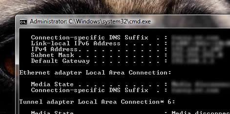 Окно с результатом ipconfig, где видно IPv4 и Default Gateway