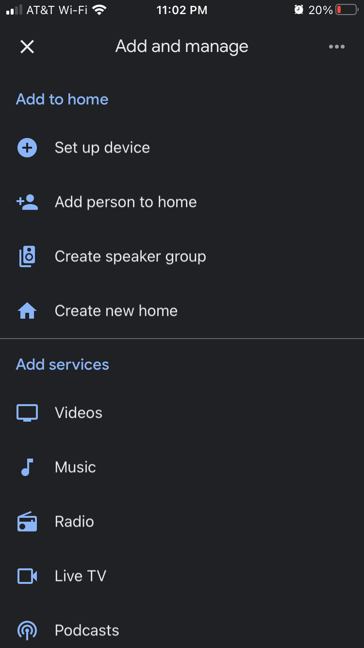 Экран настроек приложения Google Home