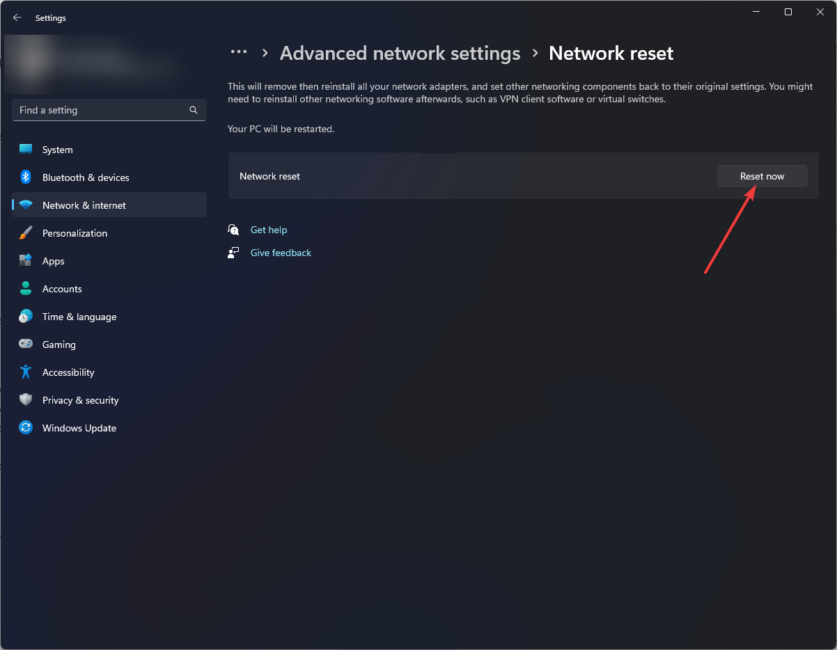 Кнопка сброса сетевых настроек в Windows