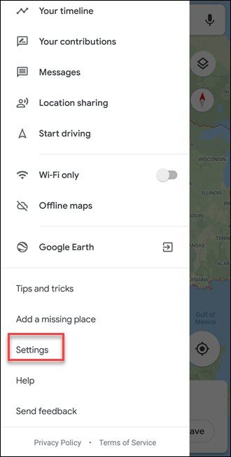 Подменю Google Maps с указанием Настроек