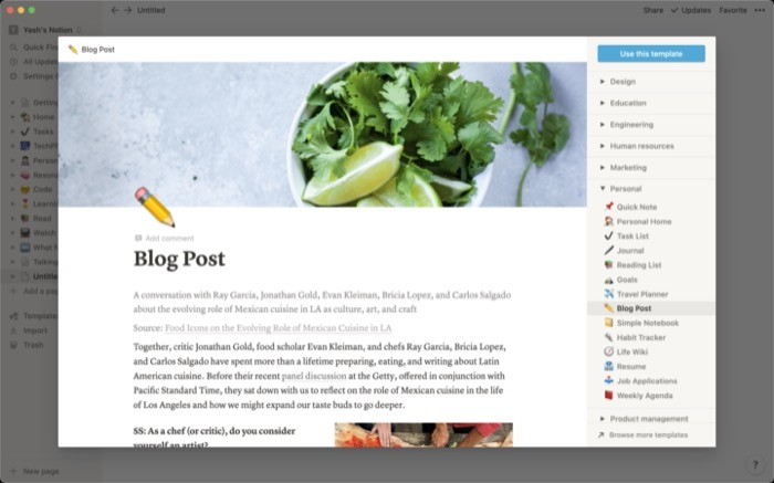 choosing a template in notion