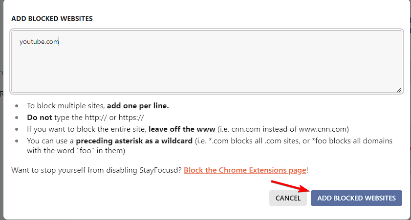 Добавление домена в список блокируемых сайтов