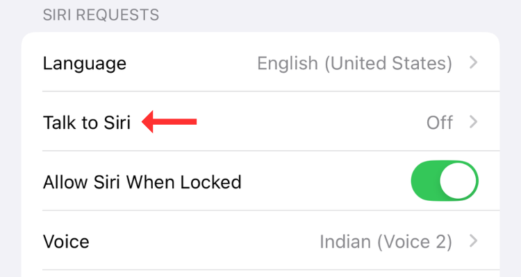Параметры Siri с выделенным Talk to Siri.