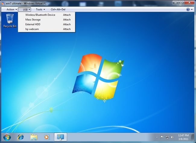 Меню USB в Virtual PC с подключаемыми устройствами хоста