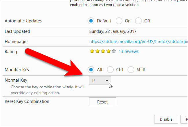 Выбор модификатора и буквы для сочетания клавиш (по умолчанию Alt+P)