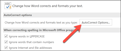 Скриншот: кнопка Параметры автозамены в разделе Правописание