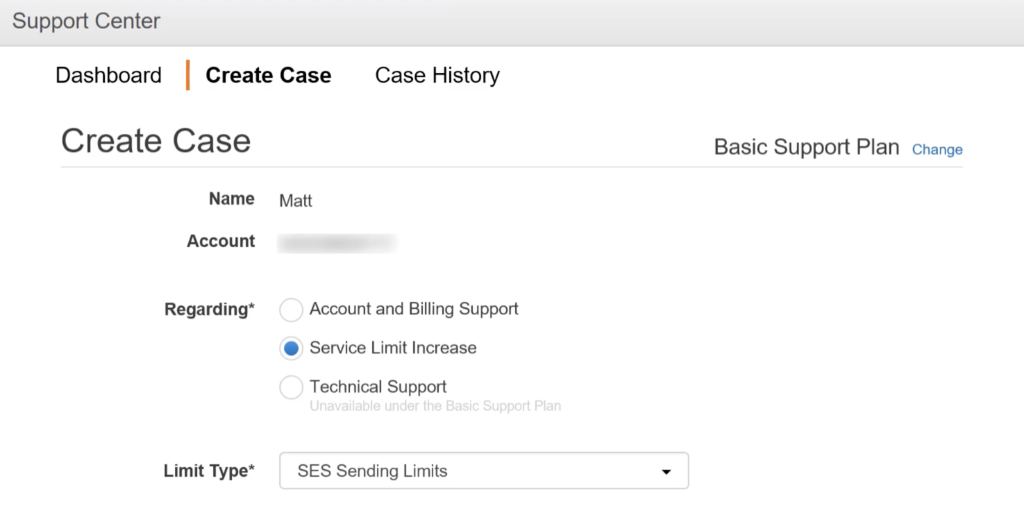 Кнопка Request a Sending Limit Increase и форма обращения