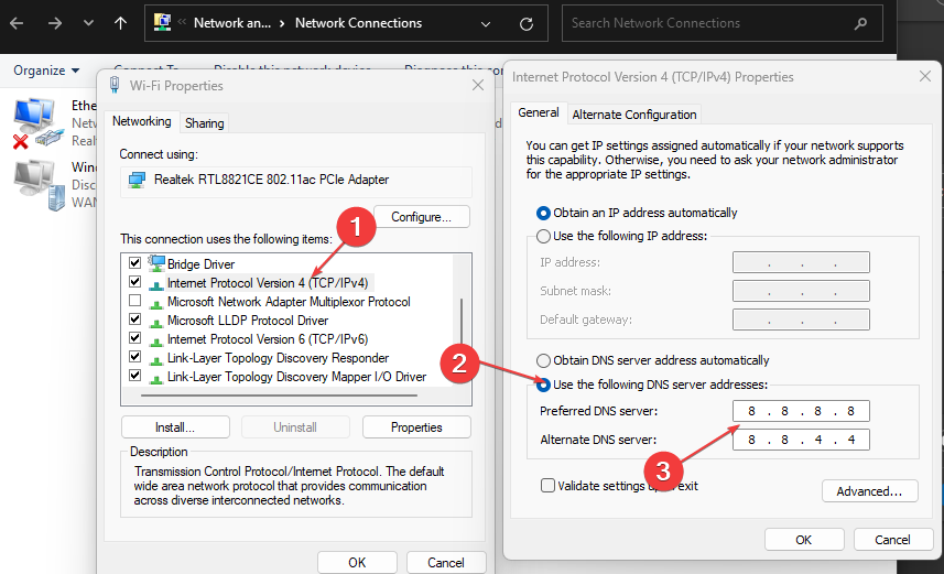 Настройки IPv4 с полями для DNS-серверов в Windows