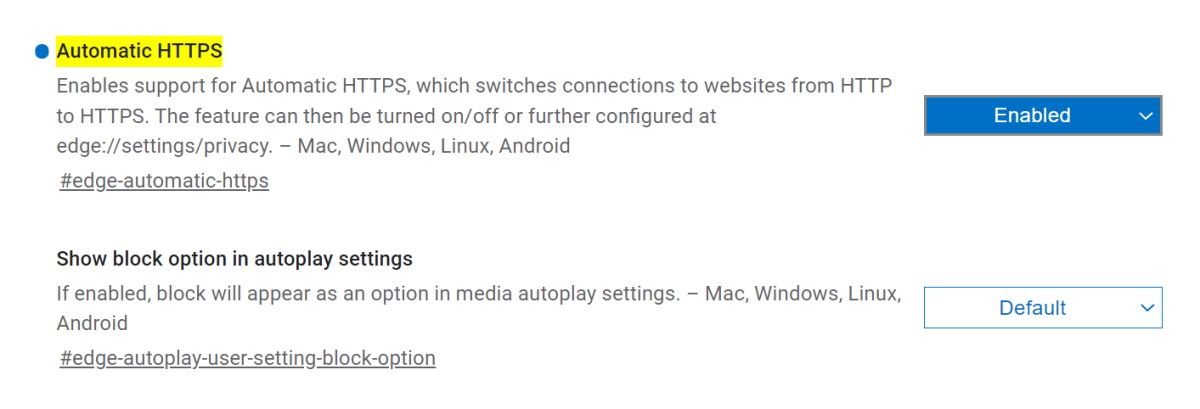 Флаг Automatic HTTPS включён на странице edge://flags в Microsoft Edge