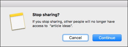 Диалог прекращения совместного доступа к заметке