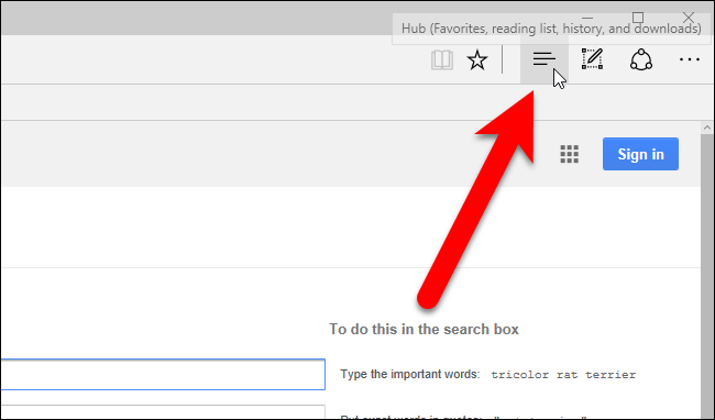 Нажатие кнопки Хаб в Microsoft Edge