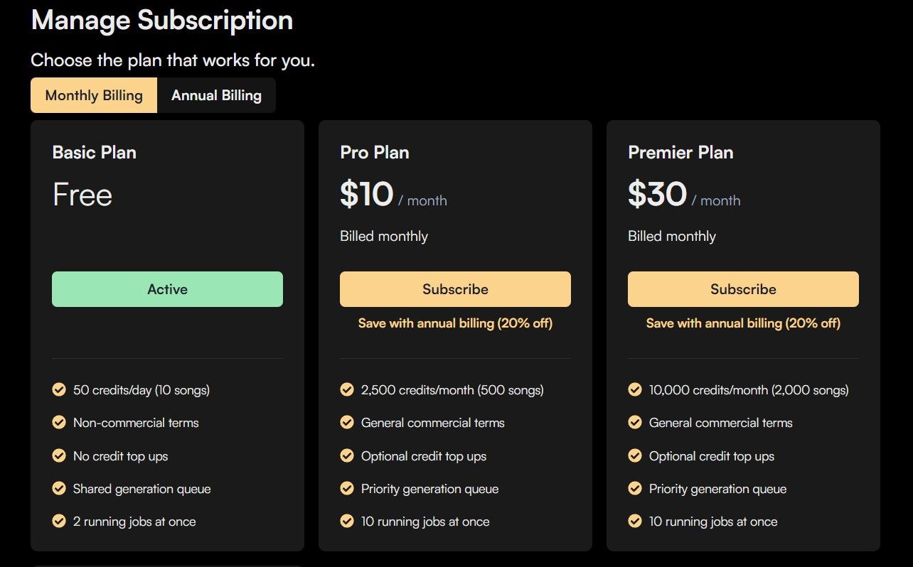 Различные планы подписки Suno