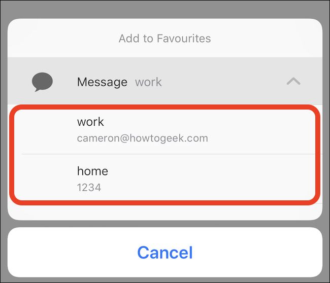 Выберите номер телефона или адрес электронной почты для избранного