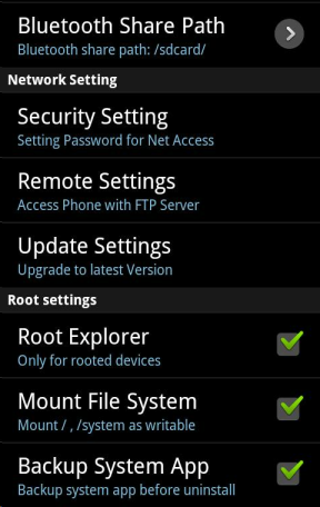 Настройки ES File Explorer с включёнными Root Explorer и Mount file system