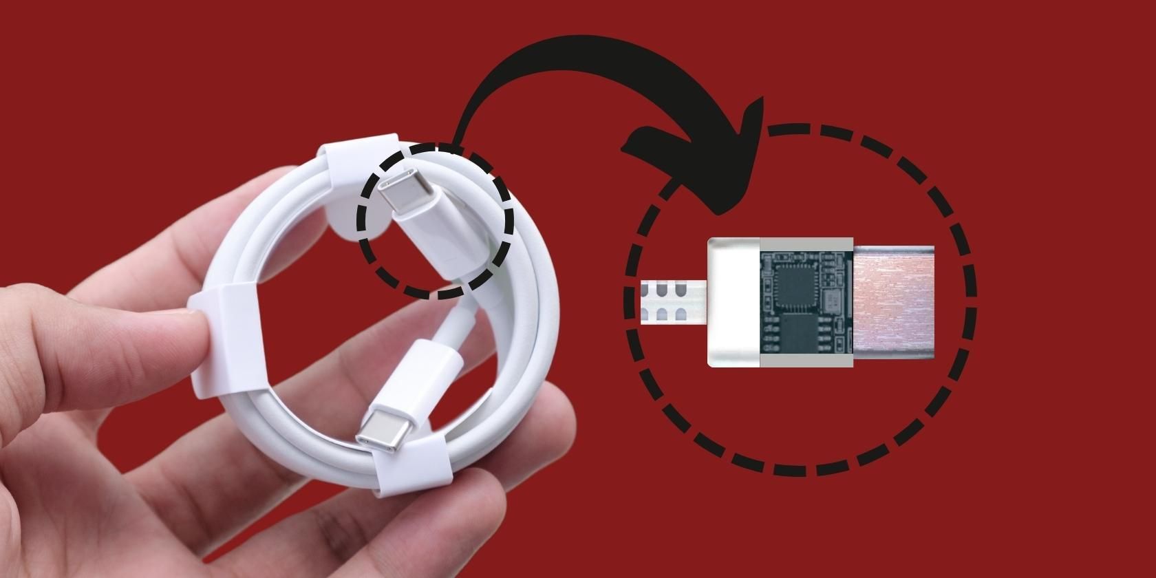 Человек держит USB‑C — USB‑C кабель, указание к разъёму