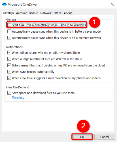 Отключение автозапуска OneDrive в Windows