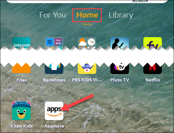 Amazon Appstore на домашнем экране планшета Fire