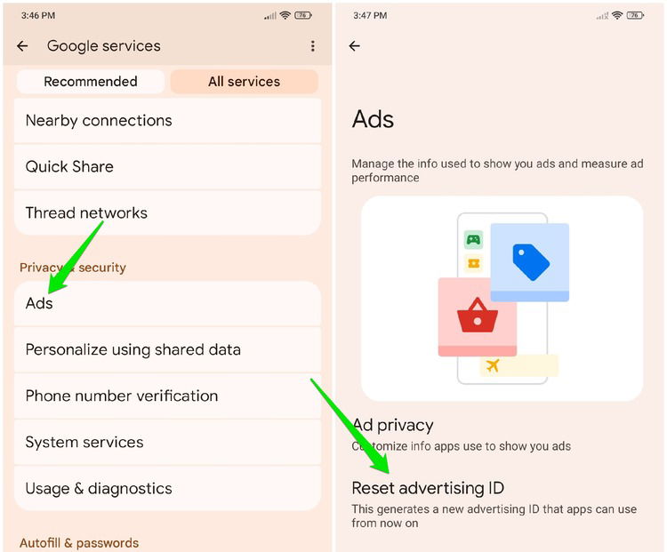 Google‑Ads‑Einstellungen mit Optionen zum Zurücksetzen