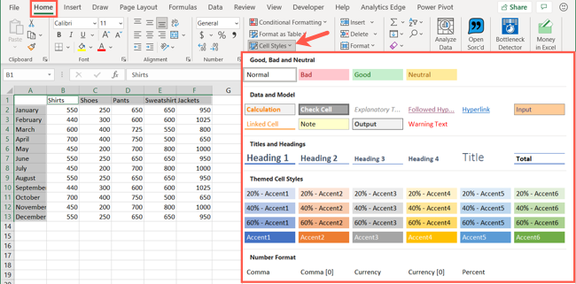На вкладке Домой выберите Стили ячеек и примените вариант оформления