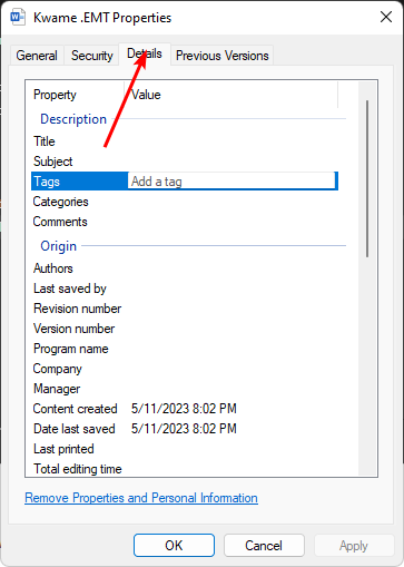 Вкладка «Подробности» в свойствах файла