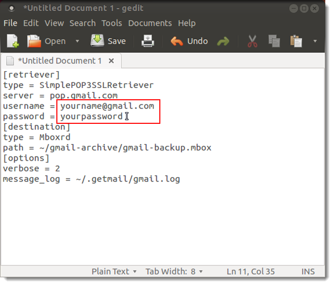 Сохранение getmailrc через gedit