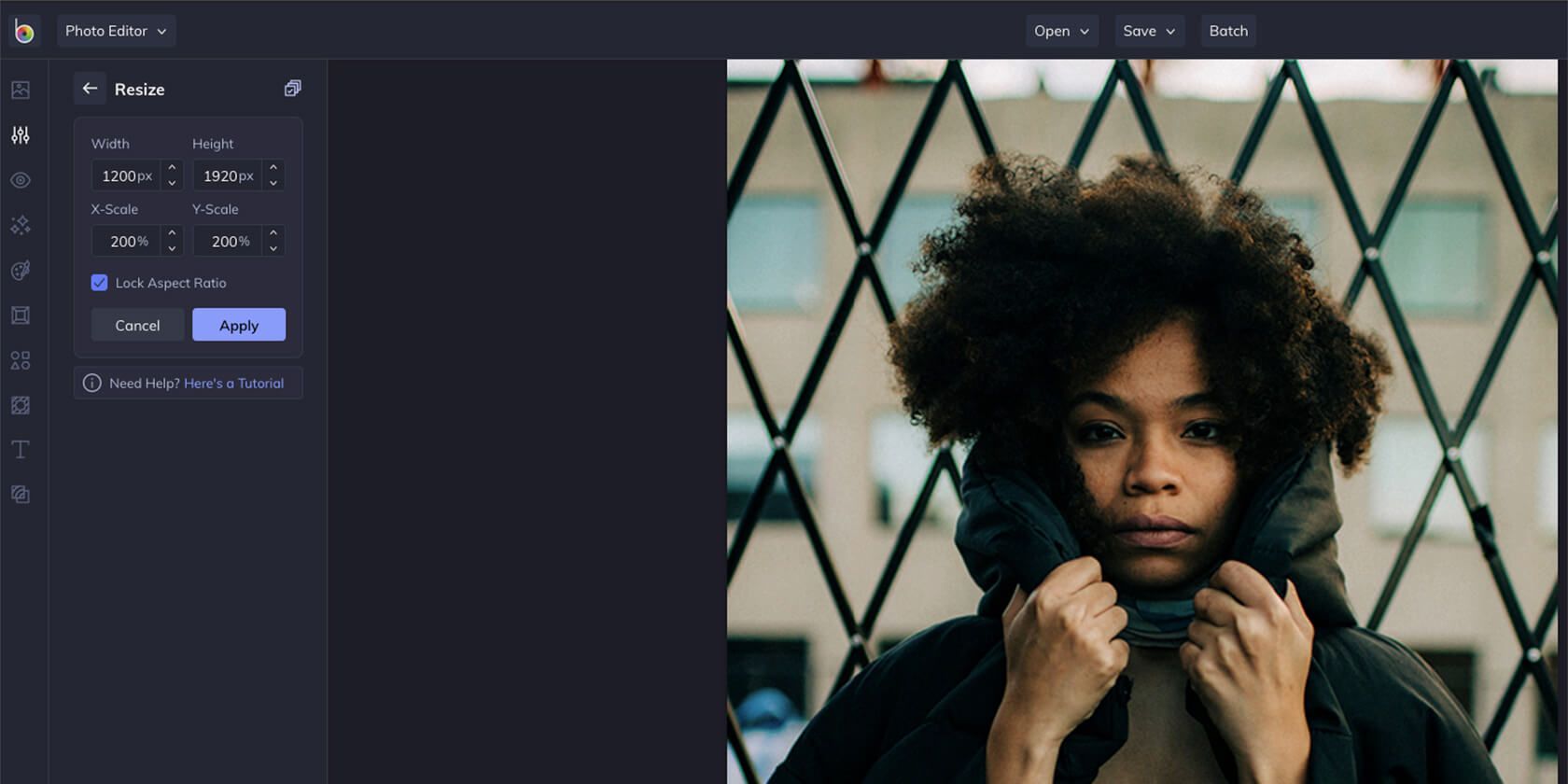 Интерфейс BeFunky при изменении размера изображения