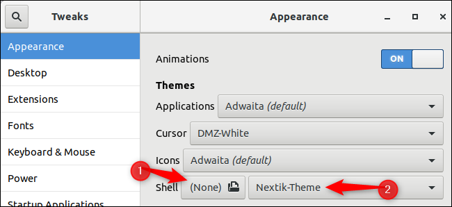 Выбор темы оболочки Nextik-Theme в Tweaks