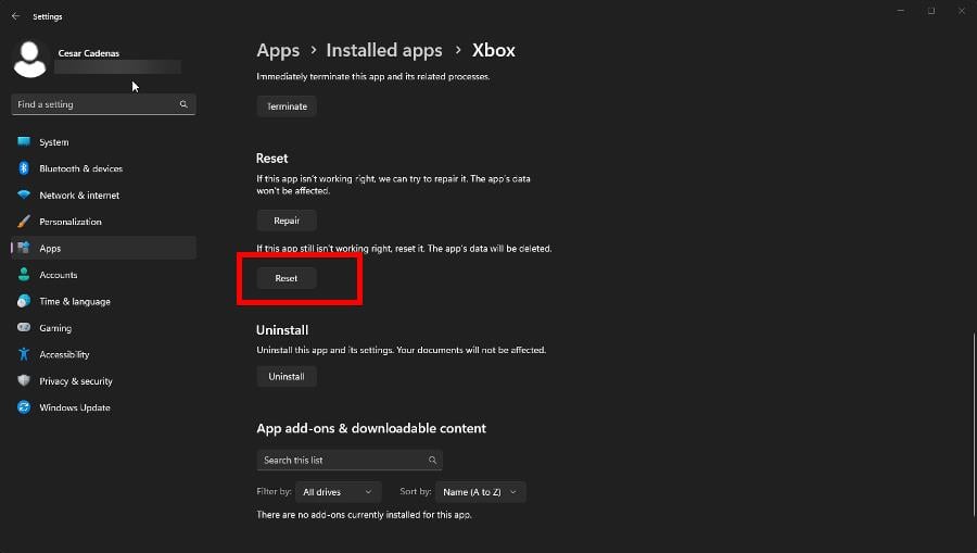 Кнопка сброса для приложения Xbox